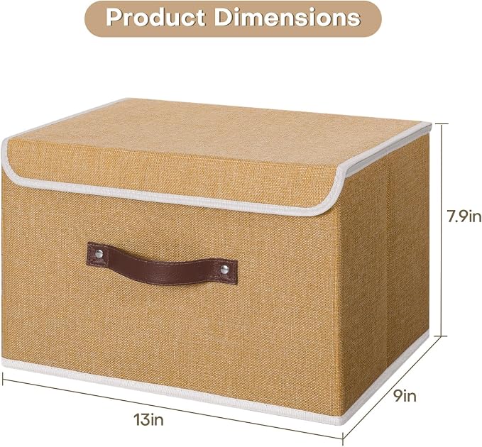ANMINY Fabric Storage Box Bins with Lids, Khaki, 13"x9"x7.9", 2 Pack | Keepsake Memory Storage, Cotton Linen, PP Board Reinforced, Washable, PU Handles, Foldable & Stackable, Decorative, Medium - Image 5