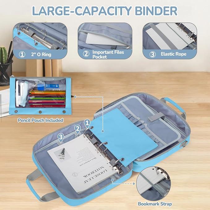 Yarwo 2026 Upgraded Zipper Binder 3 Ring Binder Bag with Pencil Pouch | 500 Sheets Capacity, 5-Tab Expanding File Folder, 14” Laptop Padded Sleeve, Shoulder Strap, for College, Office, Home, Blue - Image 3