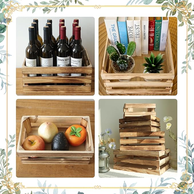 Large Wooden Crates Set of 4 Decorative Storage Box with Handles, Rustic Torched Brown Farmhouse Wooden Crates for Display, Organizer Container Baskets Box for Kitchen, Pantry, Bedroom - Image 4
