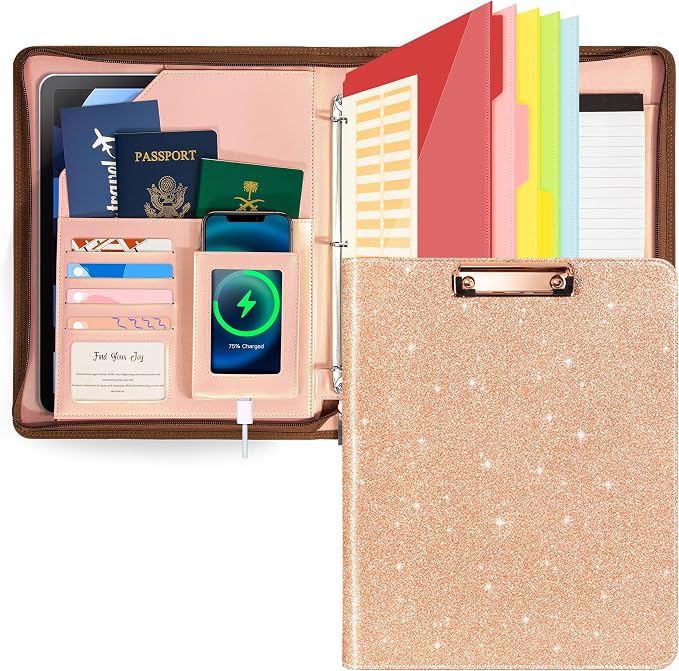 Leather Clipboard with Storage, Zippered Padfolio Portfolio Organizer, 3 Ring Binder 1 Inch, Notepad, Tablet Sleeve, 5 Dividers with Pocket, Stickets for Office, Nurses, Students, Teachers Rose Gold by OspelelfOfficeSupplies