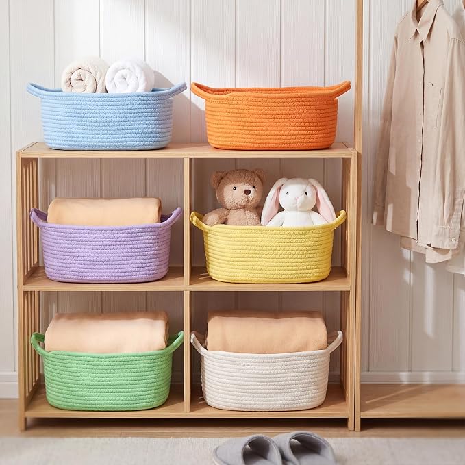 Hoolerry 8 Set Small Woven Gift Basket Empty with Bag Bow Raffia Pastel Cotton Rope Storage Box with Handle for Toy Storage Nursery Shelf Organizing Baby Shower Birthday Gift Basket, 12"x 8" x 5" - Image 7