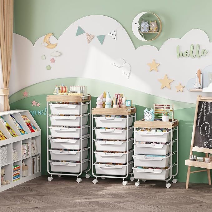 SYKIARIOL Rolling Cart with 5 Drawers,Art Craft Cart,White | Storage Utility Cart with Wheels,Makeup Organizer With Wooden Tabletop - Image 9