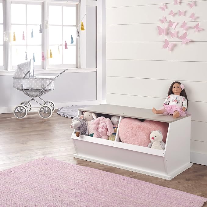 Badger Basket Two-Bin Stackable Toy Storage Cubby Organizer for Kids, Books, Clothes, and Toys – Sturdy Wooden Organizer for Playroom, Bedroom, or Nursery – White/Gray Woodgrain Finish - Image 5