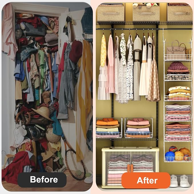 X-cosrack 6 Tier Closet Hanging Organizer, Clothes Hanging Shelves with 4 Hanging Hooks 5 S Hooks, Wire Storage Basket Bins, for Clothing Sweaters Shoes Handbags Clutches Accessories Patent - Image 6