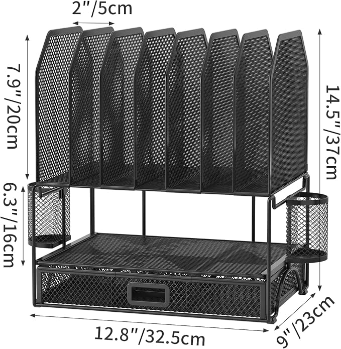 FANXIYQ Metal Desk Organizer with Sliding Drawer, 7-Section File Organizer for Desk, Desktop File Folder & Paper Organizer with 2 Hanging Pen Holders, Office Supplies Organizer, Black - Image 4