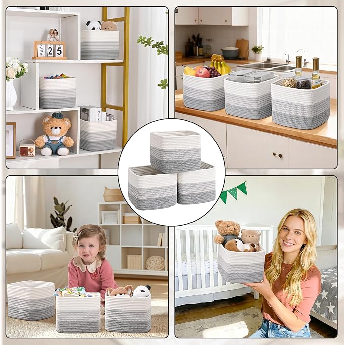 3 Pack Cube Storage Bin, 9”x9”x7” Cotton Rope Woven Baskets for Organizing Toys Clothes Towels, Square Gift Storage Baskets for Shelves, Nursery, Closet, Bathroom, Pantry (Gradient Grey) - Image 8