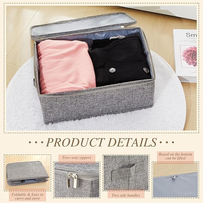 Soaoo 5 Pcs 15 x 10 x 6'' Fabric Storage Bins with Zipper Lids and Handle Rigid Collapsible Washable Wardrobe Storage Boxes Stackable Foldable Closet Organizer Containers Cubes (Gray) - Image 3
