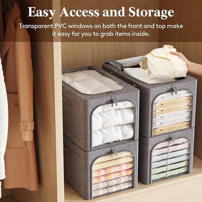 Lifewit Clothes Storage Bins with Metal Frame 4 Pack, Fabric Stackable Storage Bags with Lids, Zipper, Foldable Clost Organizers Containers for Clothing, Blanket, Winter Cloth, 40L - Image 6