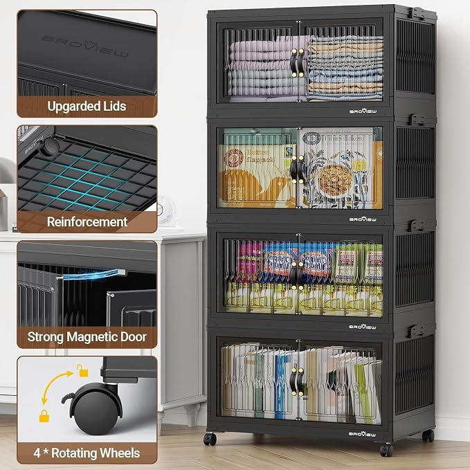 BROVIEW 480Qt Stackable Storage Bins with 4 Lids, Extra Large Closet Organizer Collapsible Drawer Boxes with Wheels, Folding Plastic Cabinet Containers for Home Kitchen Room Organization, 4Pack Black - Image 5