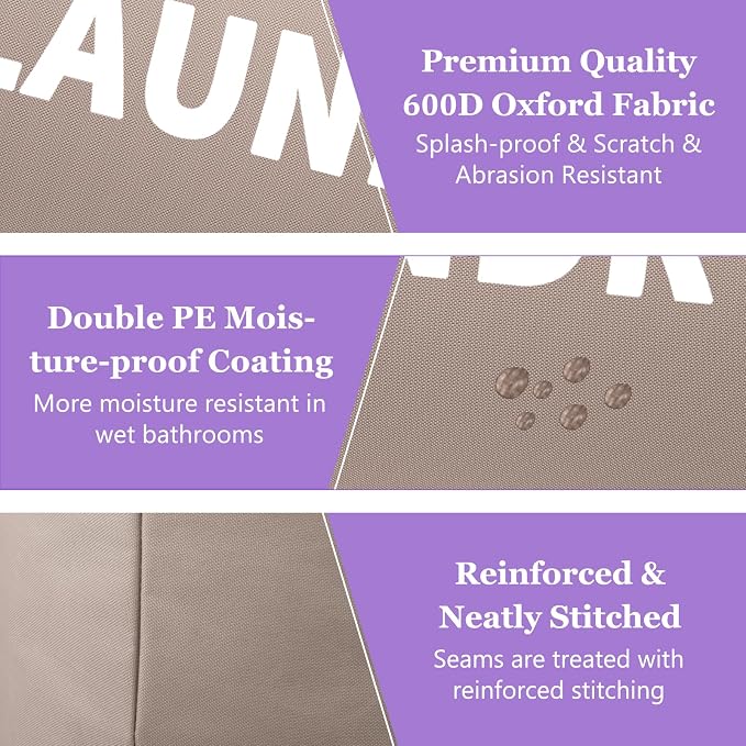 95L Folding Laundry Basket for Singles, Large Laundry Hamper with Aluminum Handles, Freestanding Dirty Clothes Basket, Sturdy Oxford Fabric Clothes Hampers for Travel, Dormitory, Khaki - Image 9