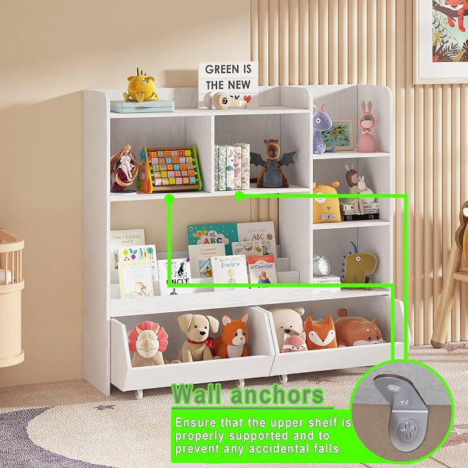 ZOPEND Kids Bookshelf and Toy Storage Organizer with 2 Rolling Bins, 5-Tier Open Wooden Bookcase for Children's Bedroom Playroom Nursery, Montessori Toddler Book Shelf with Display Rack, White - Image 5