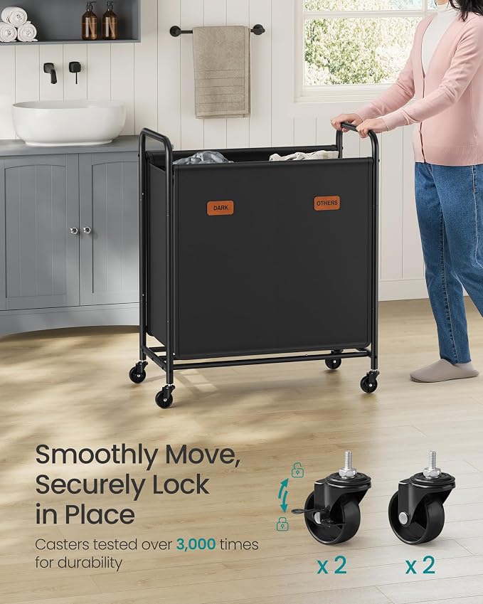 SONGMICS 2-Section Laundry Sorter, Laundry Hamper with Wheels, Rolling Clothes Hamper Cart with Large Capacity and Removable Bags, for Laundry Room, Bedroom, Bathroom, Ink Black URLS210B01 | Rolling Clothes Hamper Cart, Large Capacity, for Laundry Room... - Image 4