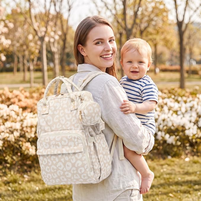 Baby Diaper Bag Backpacks for Mom Dad, Corduroy Large Capacity Multifunction Nappy Bag with Pacifier Case, Baby Travel Essentials Diaper Backpack for Boys Girls - Leopard Khaki - Image 2