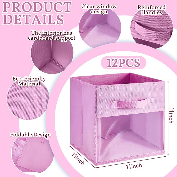 Marsui 12 Pcs Clear Cube Storage Bins 11 Inch Pink Collapsible Kids Storage Bins Fabric Classroom Organizer with Window for Kid Playroom Room Daycare Nursery(Blue, Purple, Rose, Pink) - Image 2