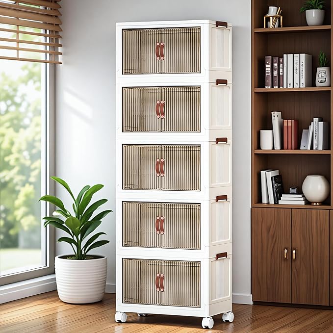 5 Tier Plastic Stackable Storage Bins and Boxes Organizer, Foldable Containers, Stackable Closet Organizers, Collapsible Boxes, White (5 Tier, 25.8″) - Image 2