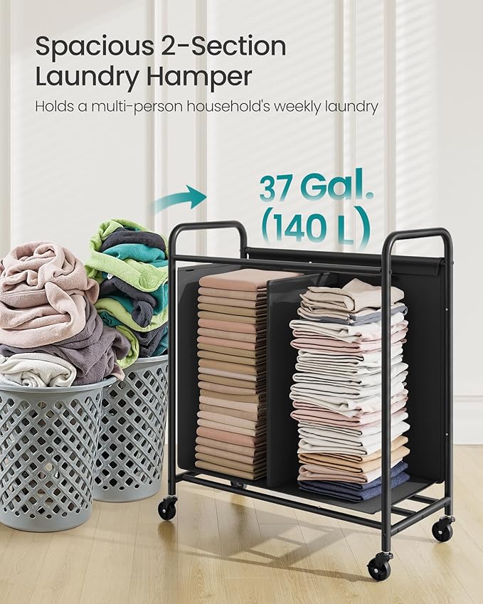SONGMICS 2-Section Laundry Sorter, Laundry Hamper with Wheels, Rolling Clothes Hamper Cart with Large Capacity and Removable Bags, for Laundry Room, Bedroom, Bathroom, Ink Black URLS210B01 | Rolling Clothes Hamper Cart, Large Capacity, for Laundry Room... - Image 3
