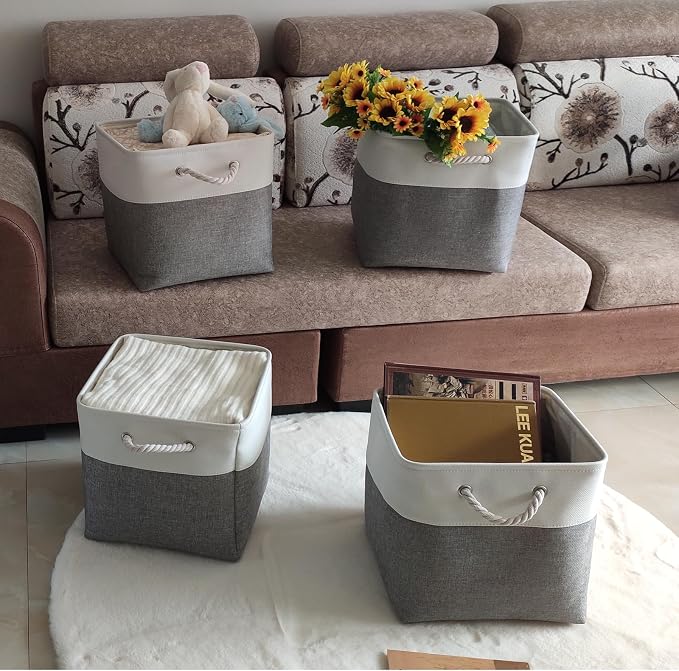 Fabric Storage Cubes 13 x 13, Collapsible Storage Bins for Shelf Baskets, Cube Storage Organizer White Gray Bins with Cotton Handles, Foldable Storage Bin box, Cube Storage Bin 6 Pack - Image 2