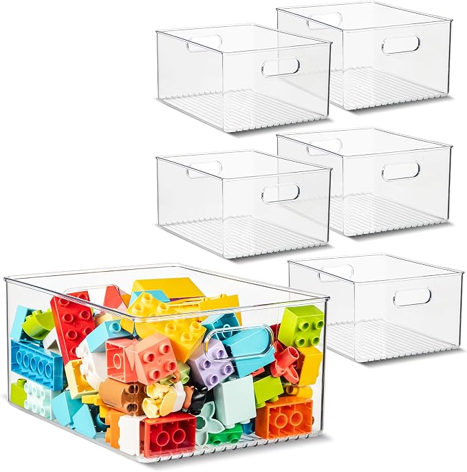Plastic Food Storage 6 Pack Clear Container Bin with Handles for Organizing Kitchen, Pantry, Refrigerator, Freezer, Pantry, Cabinet, Closet, Bathroom 10”x8”x5” by primebox
