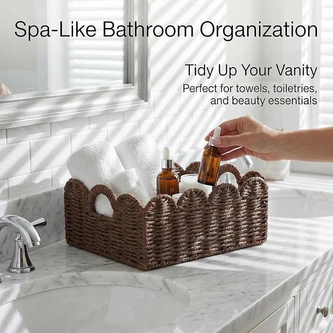 Scalloped Wicker Basket Set of 3, Hand-Woven Storage with Handles | set of 3 brown scalloped baskets with handles. Hand-woven paper rope for shelves, bathroom or closet. Stackable, sturdy. - Image 3