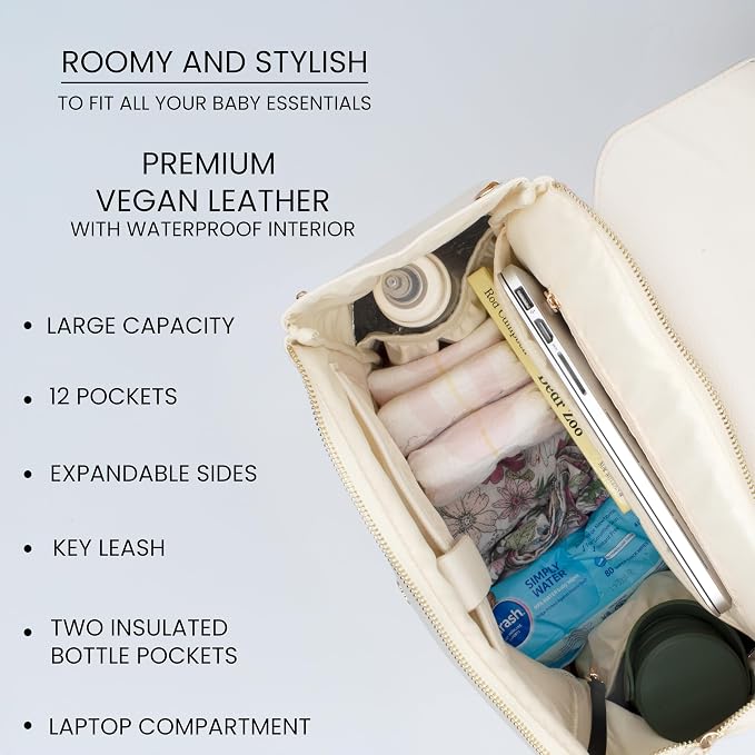 Premium Vegan Leather Diaper Bag Backpack – Large Designer Baby Bag, Stylish Diaper Backpack with Stroller & Crossbody Straps & Multiple Compartments (Ivory) - Image 3