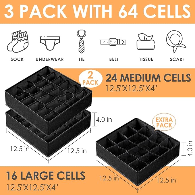 3 Pack Sock Underwear Organizer Dividers, 64 Cell Fabric Foldable Cabinet Closet Organizers and Storage Boxes for Storing Socks, Underwear, Ties (16+24+24 Cell, Black) - Image 2