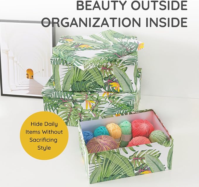 Soul & Lane - Tropical Breeze Decorative Storage Boxes with Lids, Set of 3 | Large Nesting Keepsake Boxes for Photos and Gifts, Green Jungle Leaves Palm Tree Containers, Hawaiian Beach Theme Decor - Image 4