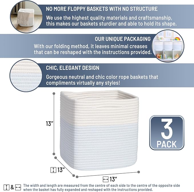 NaturalCozy 13 Inch Cube Storage Bins Cotton Rope Woven Baskets for Organizing 3-Pack | 13 x 13 Storage Cubes | Fabric Square Storage Baskets for Shelves Organizer, Kids Toy Bins, Closet Baby Nursery - Image 2