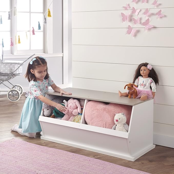 Badger Basket Two-Bin Stackable Toy Storage Cubby Organizer for Kids, Books, Clothes, and Toys – Sturdy Wooden Organizer for Playroom, Bedroom, or Nursery – White/Gray Woodgrain Finish - Image 8