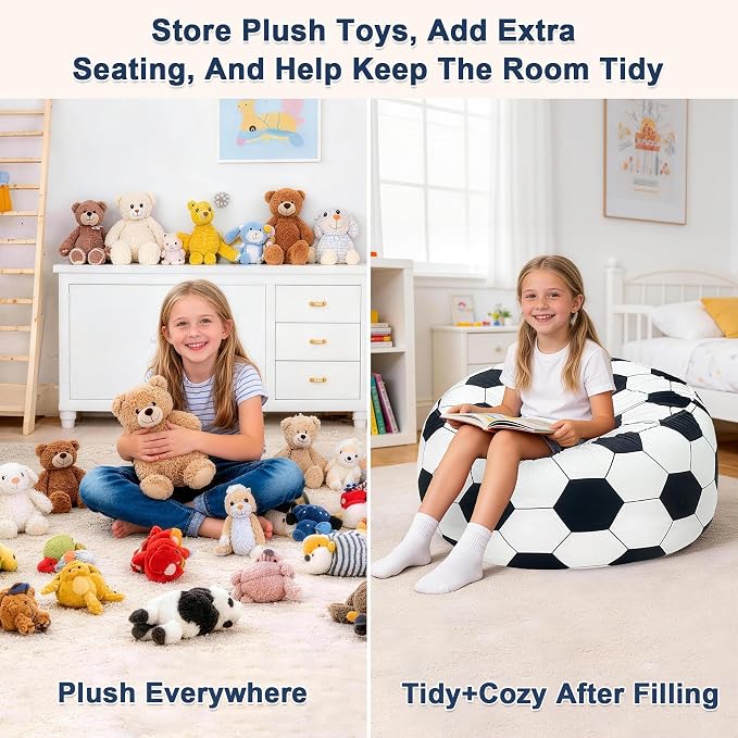 Lukeight Soccer Stuffed Animal Storage Bean Bag Chair Cover for Kids, Velvet Plush Toy Organizer Seat, Cover Only, No Filling Included, Long YKK Zipper, Side Pocket, X-Large 30"D x 18"H - Image 3