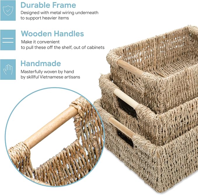 VATIMA Seagrass Baskets with Wooden Handles, Set of 3 Decorative Natural Wicker Baskets for Kitchen - Image 4