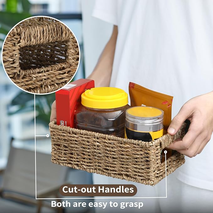 4 Small 3.6 QT Seagrass Wicker Baskets for Shelves, 10" Long Woven Pantry Organizers and Storage Basket, Decorative Ratten Shallow Rectangle Baskets for Organizing Countertop Kitchen - Image 3