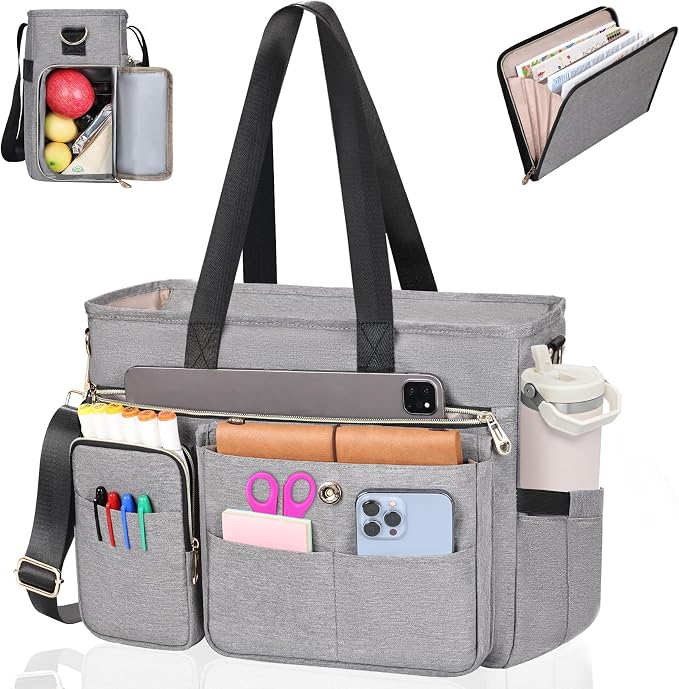 ESTARER Teacher Tote Bag for Women 2Pcs, 15.6'' Laptop Work Bag Computer bag w/Expandable File Folder, Large Water-Resistant Messenger Shoulder bag w/Insulated Pocket for Office/Travel/College, Grey by ESTARER