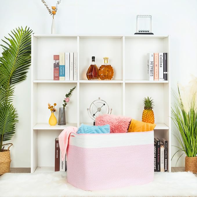 112L Extra Large Blanket Basket Holder Living Room, 25"x17"x16" Rectangle Rope Woven Storage Basket with Handles for Laundry, Towels, Shoes, Dog Toy Organizer Bin Box, Light Pink - Image 5