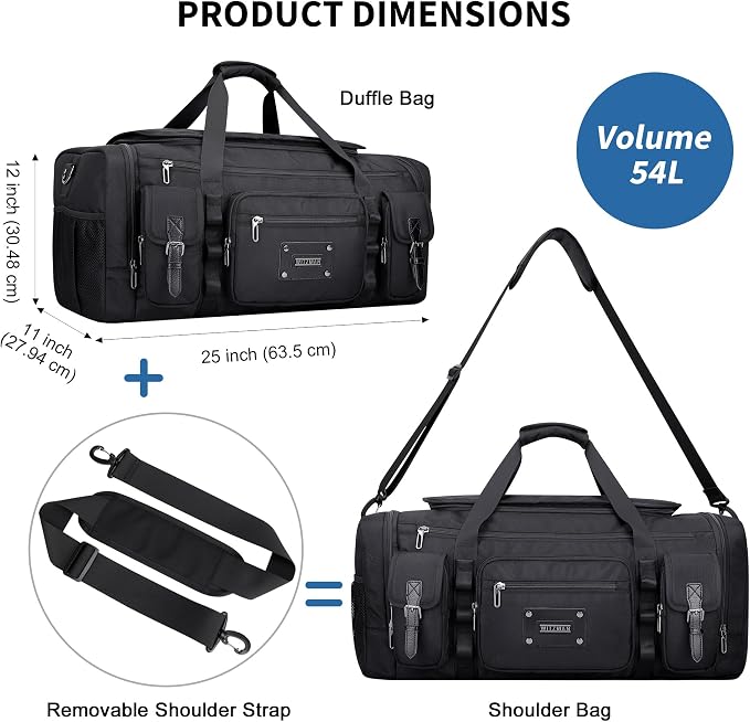 WITZMAN Duffle Bag for Men Large 54L Travel Duffel with Shoe Compartment | Water-resistant Nylon, Dry-wet Pocket, Fits 16" Laptop, Convertible for Gym, Weekender, Sports, Overnight, B717 Black - Image 5