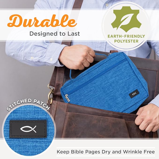 Christian Art Gifts Polyester Bible Cover for Men & Women w/Jesus Fish Patch, Zipper Pocket, Pen Loops, Easy Carry Book Case for Stationery, Accessories, Light Blue, Small - Image 3