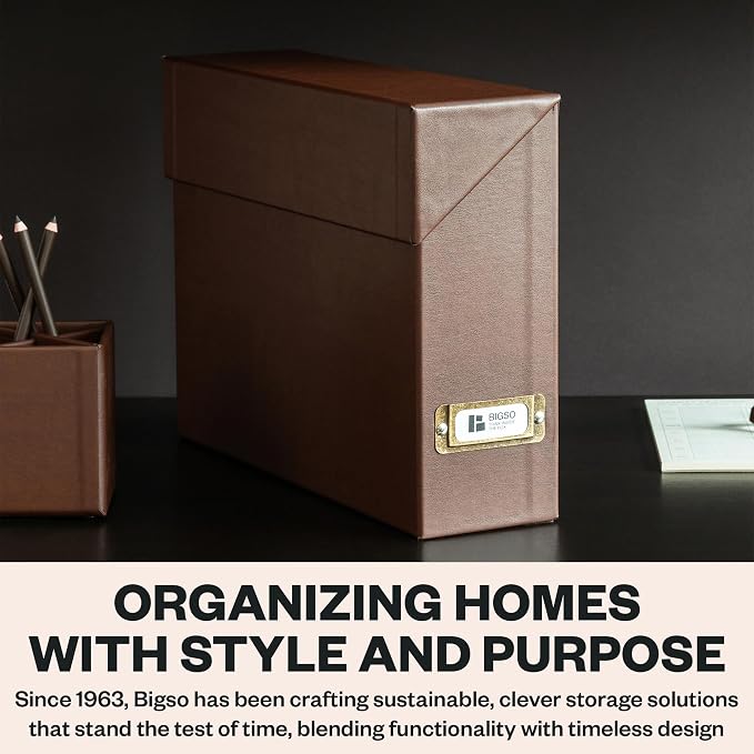 Bigso Lovisa Fiberboard Document Storage Box with 12 Folded Files for A4 and Letter Size Papers - Durable File Organizer Box with Lid and Label Holder - W3.7 x D13 x H9.4 (inches) - Recycled Leather - Image 7