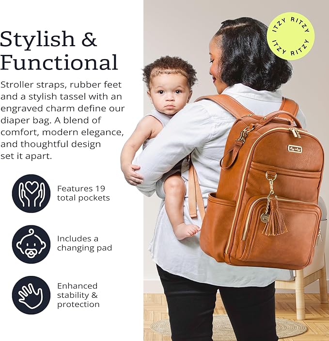 Itzy Ritzy Boss Plus Large Diaper Bag Backpack with 19 Pockets (Cognac) | Includes 2 Insulated Bottle Pockets, Changing Pad, Stroller Clips, Comfortable Padded Straps, Easy-to Clean, Travel-Ready - Image 3