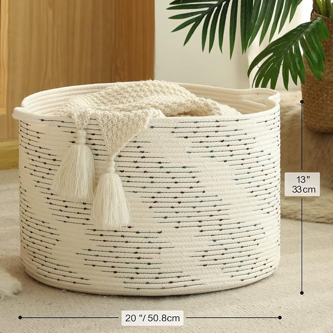 KAKAMAY Large Blanket Basket (20"x13"),Woven Baskets for storage Baby Laundry Hamper，Cotton Rope Blanket Basket for Living Room, Laundry, Nursery, Pillows, Off White with Blue & Brown Dotted Pattern | Extra Large Capacity | Natural Cotton Rope | Blanke... - Image 5
