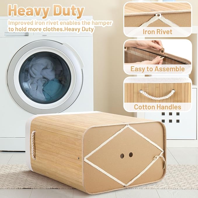 Aliphon 100L Laundry Hamper with lid, 2-Section Clothes Laundry Basket with Handles, Large Collapsible Bamboo Baskets for Bedroom, Bathroom, Dorm, Natural Beige - Image 8