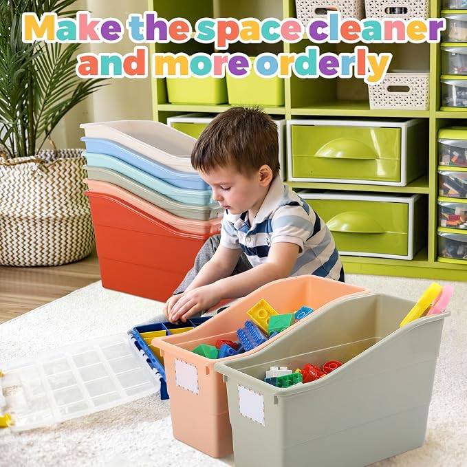 Suzile 12 Pcs Interlocking Plastic Book Bins Bulk Classroom Organizers with Labels Magazine File Holder Boho for Teacher Supplies Library Office Home Storage Container(Classic Colors) - Image 4