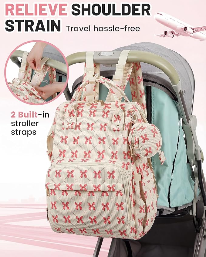 Corduroy Diaper Bag Backpack, Large Capacity Multifunction Baby Diaper Bags for Women, Insulated Bottle Pockets & Pacifier Case, Stylish Travel Nappy Changing Bags for Mom Dad (Bow Pink) - Image 7