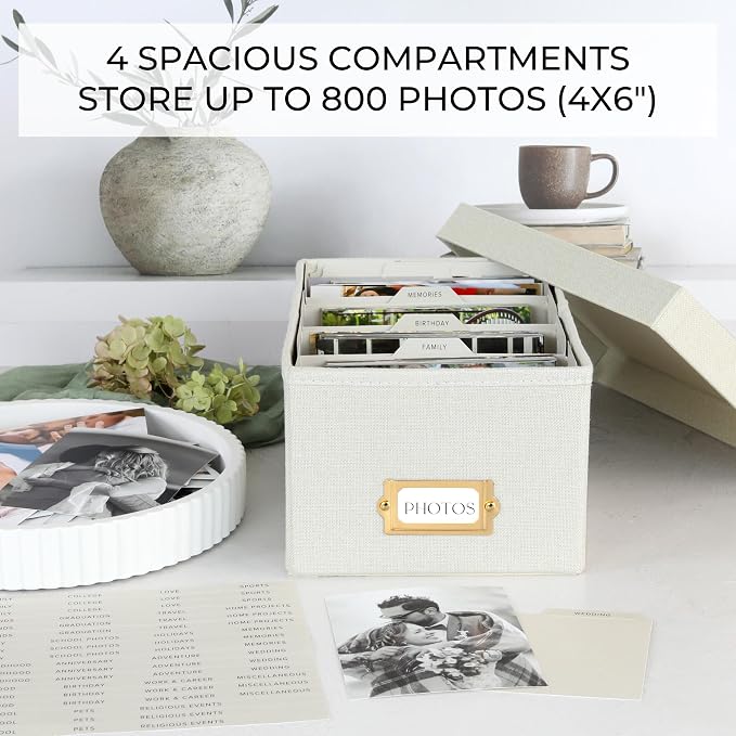 Decorative Photo Storage Box - Sturdy Linen Organizer Holds 850 4x6 Photos | Organizer with Dividers Stores Up to 850 Pictures - Portable Scrapbook Storage Containers with Lid - Image 5