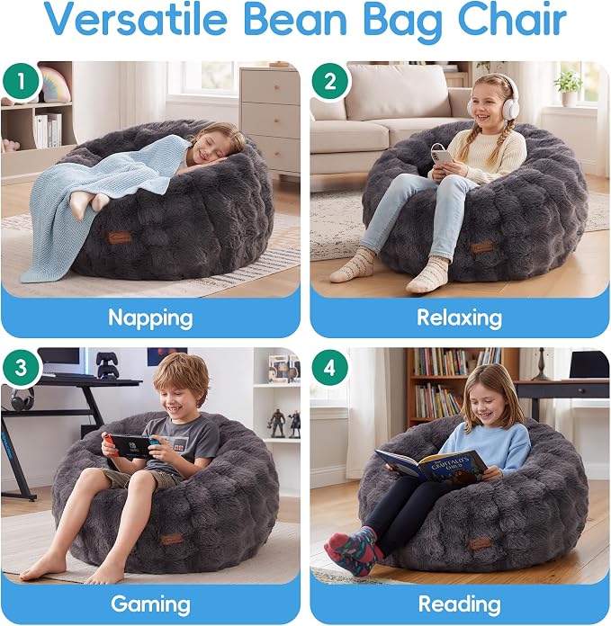 Hobestluk Small Beanbag Chair Donut-Shaped Bubble Plush Sofa Lounge Seat | Dark Grey, Bean Bag Chairs with Bubble Plush Cover Foam Filling Cozy Seating for Bedroom Living Room Reading Nook Furniture - Image 6