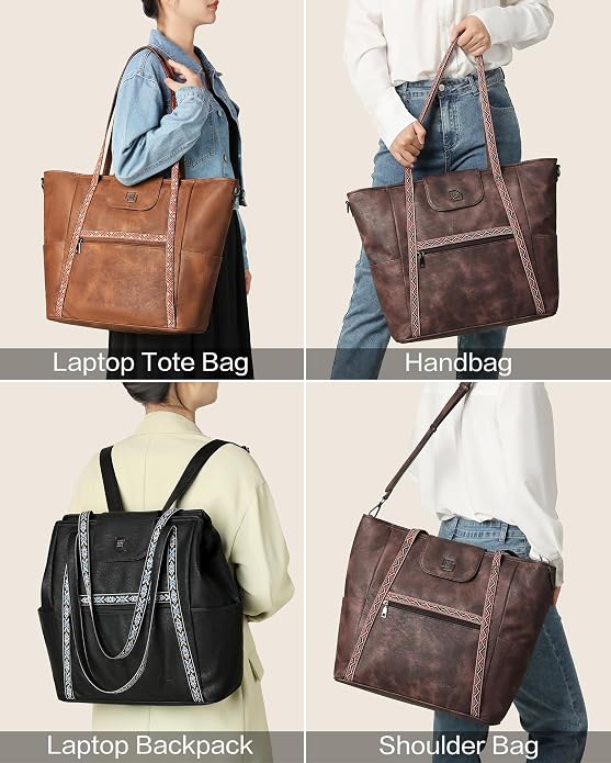 Large Laptop Tote Bag for Women Designer Leather Laptop Bag, 15.6in | Fashion Travel Backpack Purse Shoulder Handbag Fits 15.6 Laptop, Daily, Work, Business Trip, Weekend Travel, Teacher - Image 2