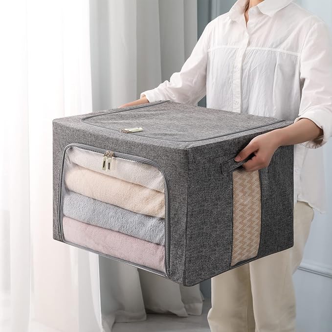 CYhom 3Pack Foldable Storage Bins - Frame Storage Box Linen Fabric Stackable Clothes Container Organizer with Clear Window & Carry Handles Large Capacity (Large-66L, Dark Gray) - Image 3