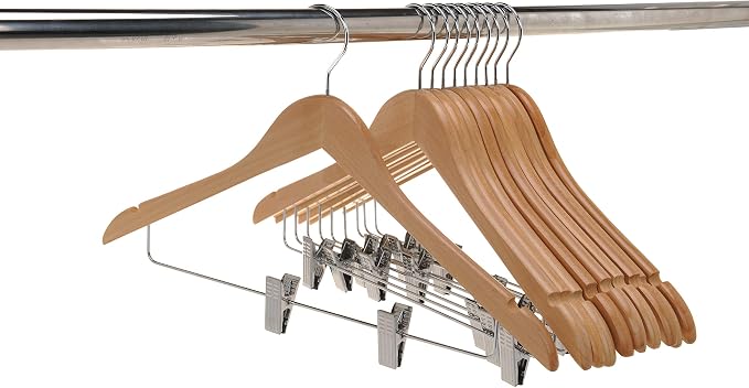 Quality Wooden Skirt Hangers with Clips, 10-Pack Smooth Solid Wood Pants Hangers with Durable Adjustable Metal Clips, Swivel Hook, Coat, Jacket, Blouse Suit Hangers (Natural, 10) - Image 5