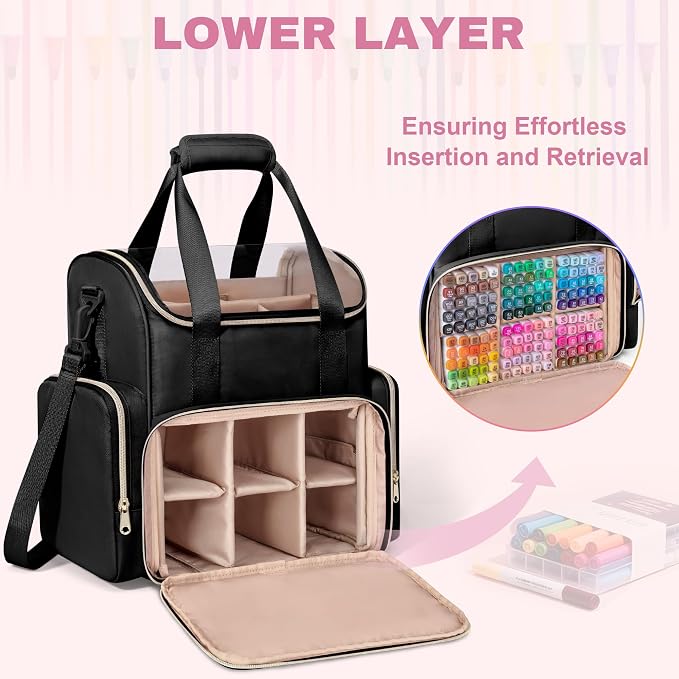 Rexmica Double Layer Marker Organizer Bag for 400 Markers, Black | Inner Dividers, Shoulder Strap, Large Marker Storage Case for Art Marker/Coloring Book/Painting Supplies, Patented Design - Image 4
