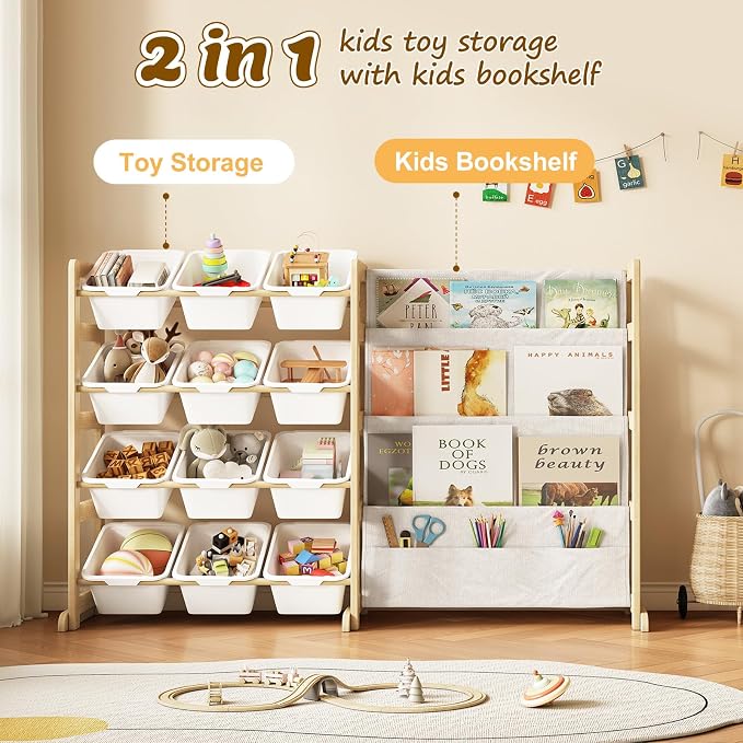 EXPERLAM Toy Storage Organizer with Bookshelf, Kids Toy Organizer and Storage Shelf with 12 White Bins, Solid Pine Wood Book Rack for Playroom, Nursery, Kids Room, Toys and Books - Image 7