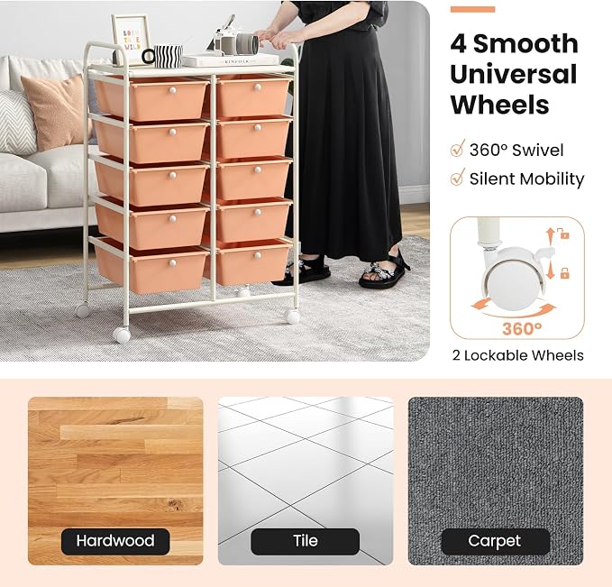 Giantex 10 Drawers Rolling Cart, Classroom Organizers, Storage Cart with Wheels, for Teacher Office Home School Supplies Tool Craft Art Paper, Peach Fuzz - Image 6
