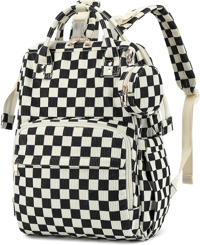 Baby Diaper Bag Backpacks for Mom Dad, Corduroy Large Capacity Multifunction Nappy Bag with Pacifier Case, Baby Travel Essentials Diaper Backpack for Boys Girls - Checkered Black by Unknown
